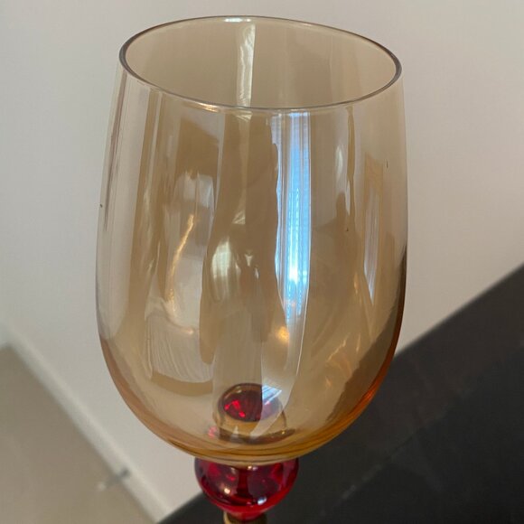 Vintage Pier 1 Amber Luster Glass Goblets with Gold Trim and Red Diamond Accent - Picture 4 of 5